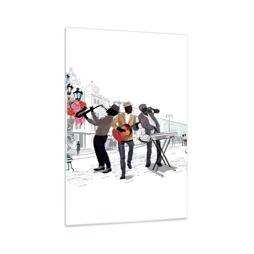 Cuadro sobre vidrio - Impresiones sobre Vidrio - Músicos callejeros tocando con el paisaje urbano como telón de fondo - 70x100cm - Música de la calle - Decoración de pared moderna para salón y dormitorio ARTTOR