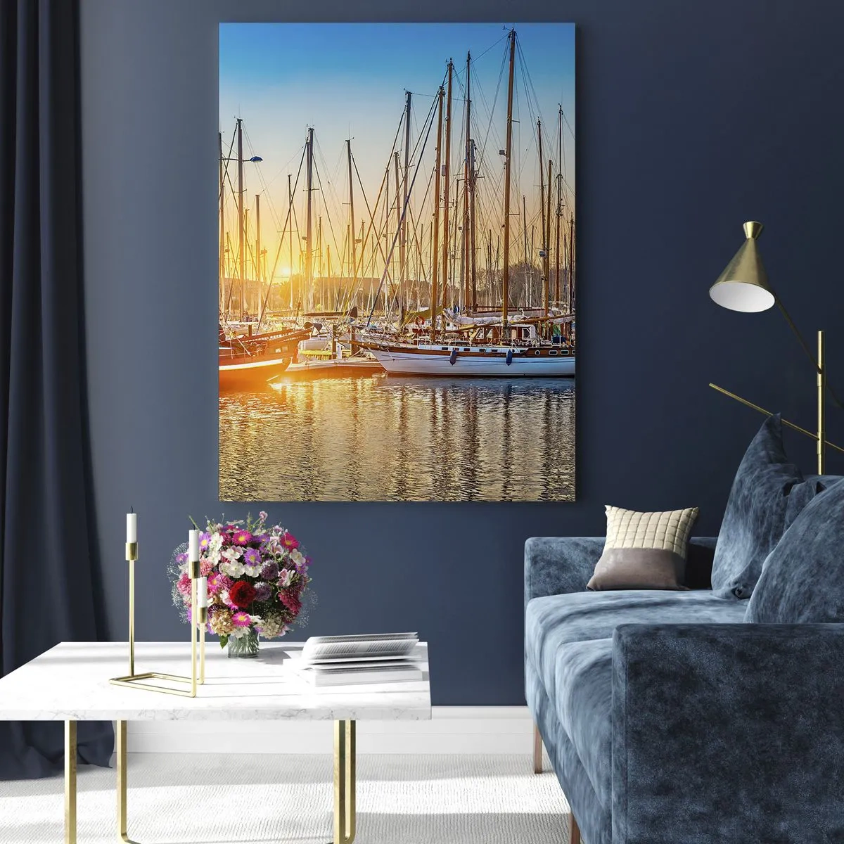 Cuadro sobre vidrio - Impresiones sobre Vidrio - Puesta de sol sobre un puerto deportivo lleno de veleros - 80x120cm - El viento debe dormir también - Decoración de pared moderna para salón y dormitorio ARTTOR