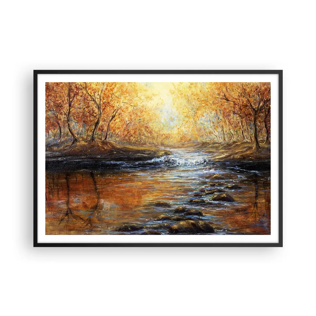 Póster en marco negro - Paisaje otoñal con un río entre los árboles. - 100x70cm - Arroyo de oro - Decoración de pared moderna para salón y dormitorio ARTTOR