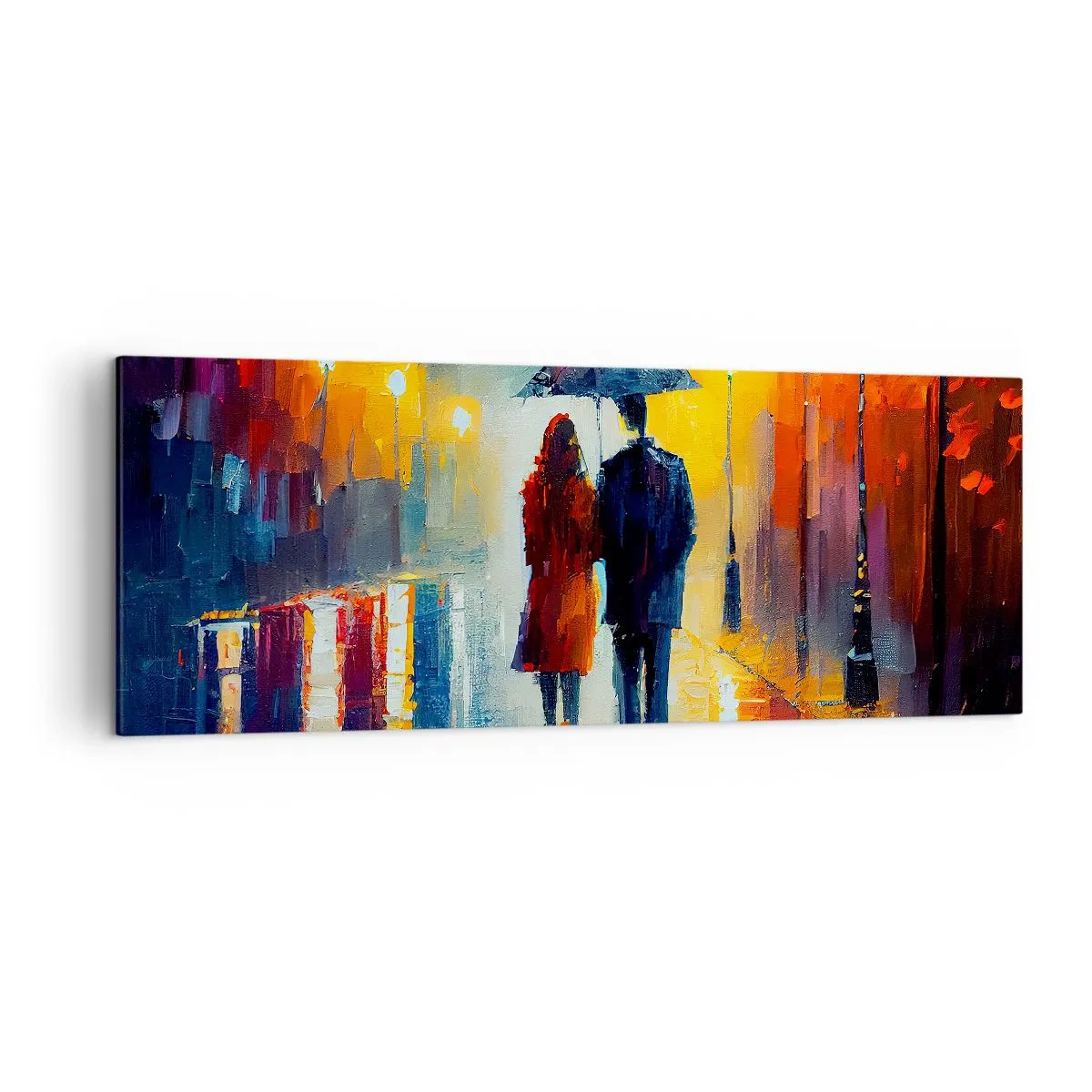 Cuadro sobre lienzo - Impresión de Imagen - Una pareja bajo un paraguas caminando por una colorida ciudad nocturna. - 140x50cm - Juntos en una noche llena de color - Decoración de pared moderna para salón y dormitorio ARTTOR