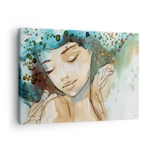 Cuadro sobre lienzo - Impresión de Imagen - Retrato de una mujer en delicados colores de acuarela. - 70x50cm - Dama de azul - Decoración de pared moderna para salón y dormitorio ARTTOR