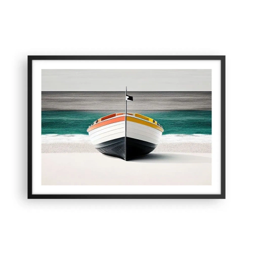 Póster en marco negro - Un barco en la playa con un mar turquesa al fondo. - 70x50cm - En su lugar exacto - Decoración de pared moderna para salón y dormitorio ARTTOR