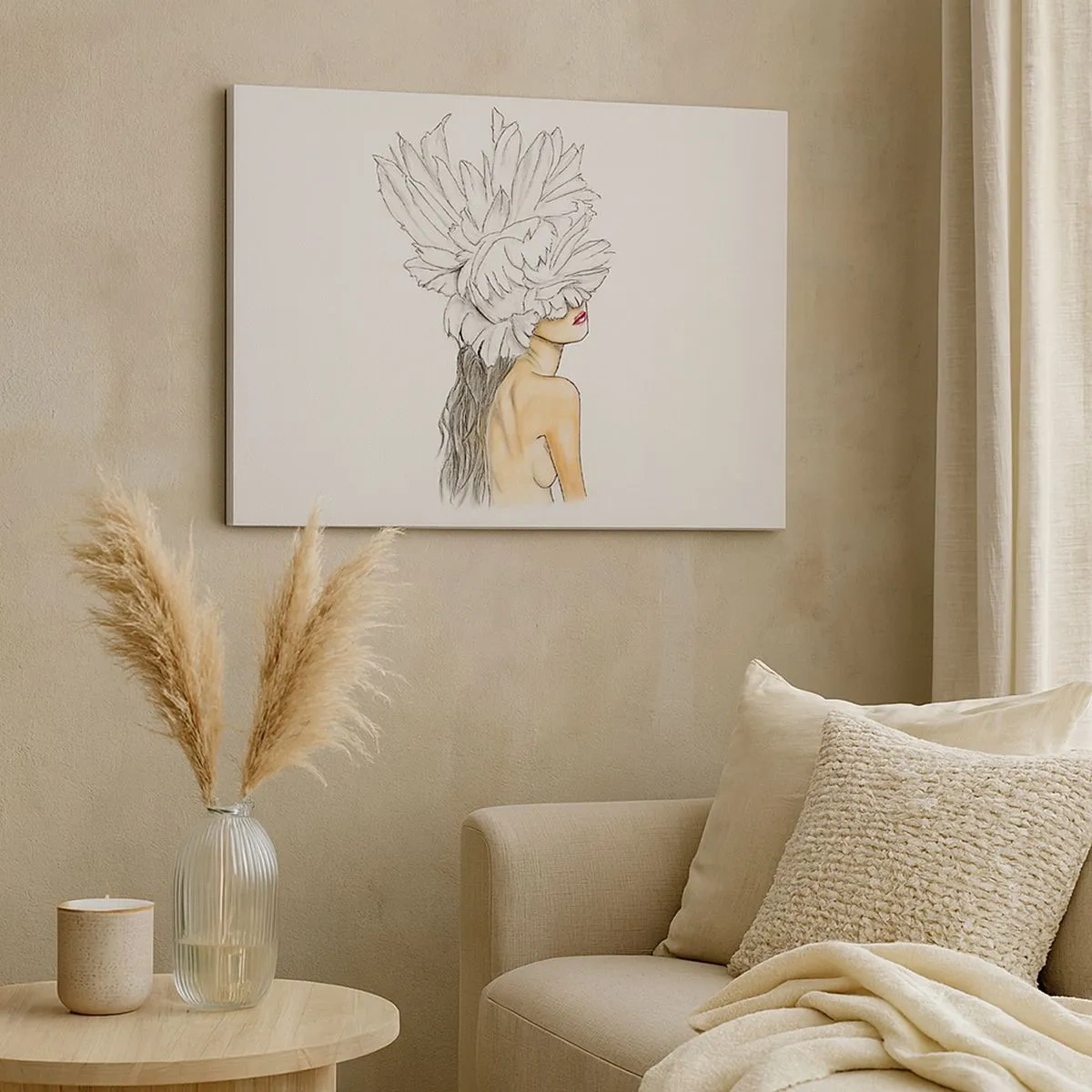 Cuadro sobre lienzo - Impresión de Imagen - Retrato de una mujer con decoración de plumas en estilo artístico. - 70x50cm - Belleza coronada - Decoración de pared moderna para salón y dormitorio ARTTOR