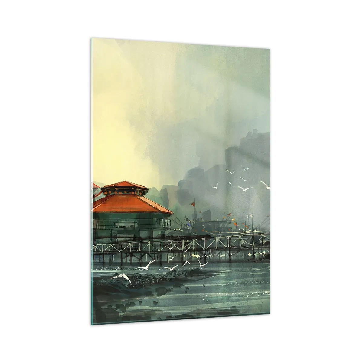 Cuadro sobre vidrio - Impresiones sobre Vidrio - Edificios portuarios con tejados rojos contra la niebla - 50x70cm - Un día soleado en el puerto - Decoración de pared moderna para salón y dormitorio ARTTOR