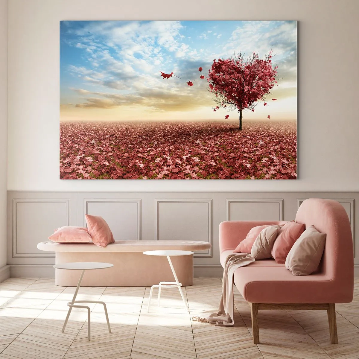 Cuadro sobre vidrio - Impresiones sobre Vidrio - Un árbol en forma de corazón contra un campo de hojas rojas. - 70x50cm - Amor de otoño - Decoración de pared moderna para salón y dormitorio ARTTOR