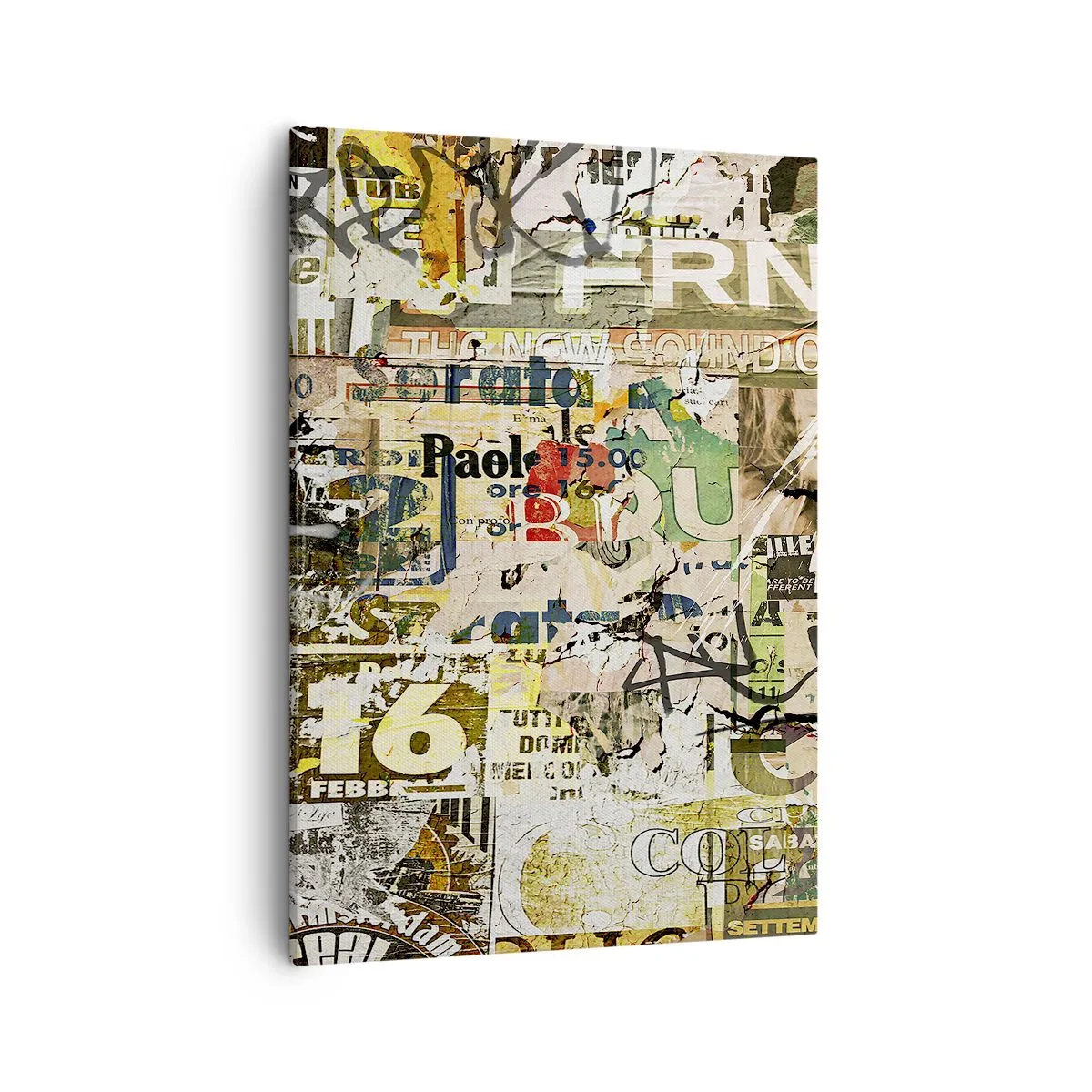 Cuadro sobre lienzo - Impresión de Imagen - Un collage de fragmentos de periódicos y carteles en estilo artístico. - 50x70cm - Oh, está sucediendo... - Decoración de pared moderna para salón y dormitorio ARTTOR