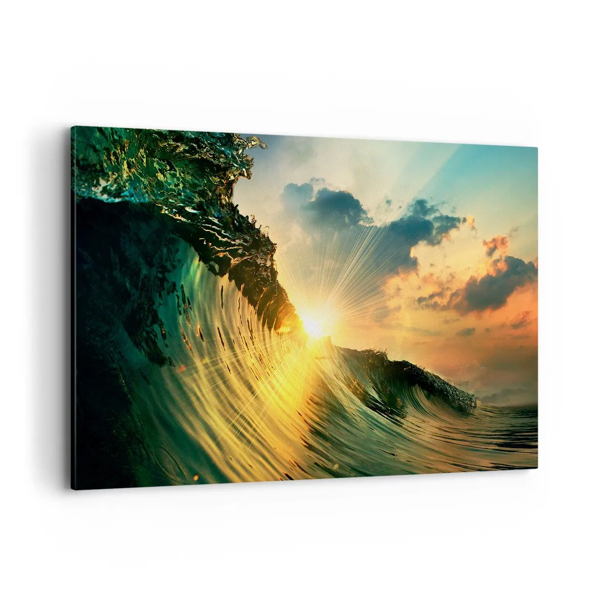 Cuadro sobre lienzo - Impresión de Imagen - Una ola con el sol poniente y nubes iluminadas. - 120x80cm - Surfer, ¿dónde estás? - Decoración de pared moderna para salón y dormitorio ARTTOR