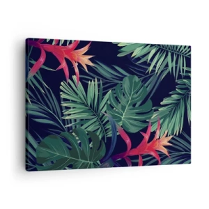 Cuadro sobre lienzo - Impresión de Imagen - Hojas y flores tropicales sobre un fondo oscuro. - 70x50cm - Encender el color verde - Decoración de pared moderna para salón y dormitorio ARTTOR