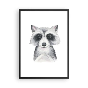 Póster en marco negro - Un lindo mapache representado sobre un fondo blanco. - 50x70cm - Un momento para la emoción - Decoración de pared moderna para salón y dormitorio ARTTOR