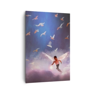 Cuadro sobre lienzo - Impresión de Imagen - Una figura con alas de ángel flotando entre pájaros en el cielo. - 70x100cm - Imaginación y valor - Decoración de pared moderna para salón y dormitorio ARTTOR