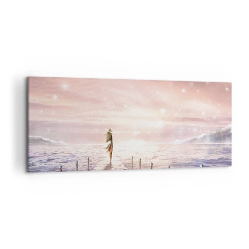 Cuadro sobre lienzo - Impresión de Imagen - Una mujer en un embarcadero en un entorno mágico de puesta de sol. - 120x50cm - A la luz de un sueño - Decoración de pared moderna para salón y dormitorio ARTTOR