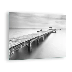 Cuadro sobre vidrio - Impresiones sobre Vidrio - Muelle de madera en blanco y negro con vistas al lago. - 70x50cm - Lejos - Decoración de pared moderna para salón y dormitorio ARTTOR