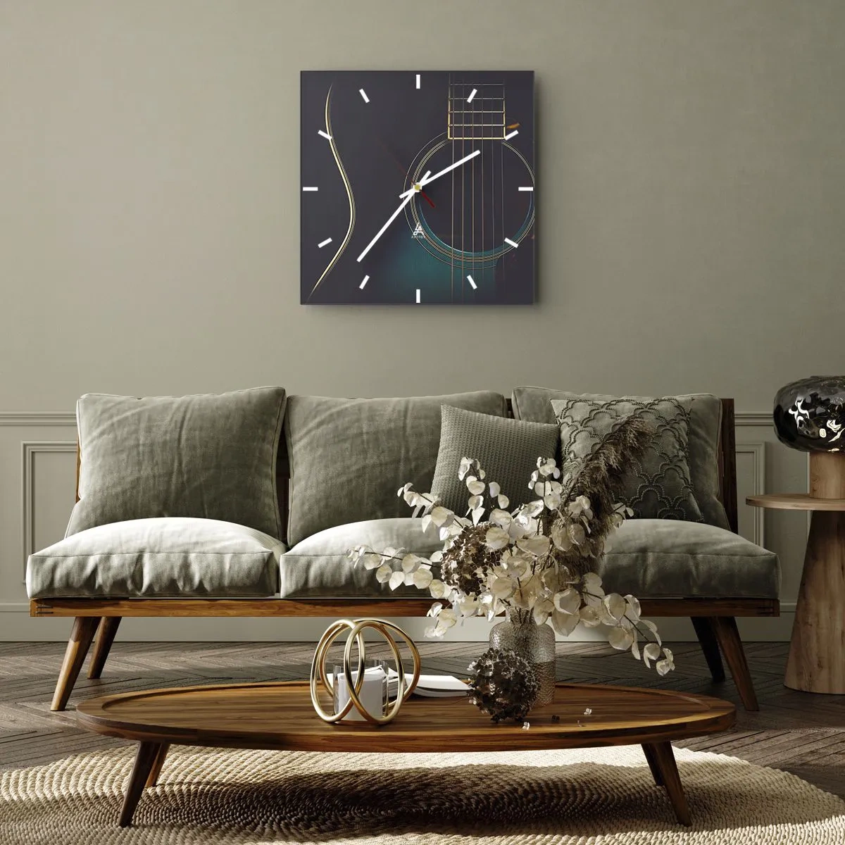 Reloj de pared - Reloj de vidrio - Guitarra acústica en luz oscura y elegante. - 30x30cm - Un momento antes de que suene - Decoración de pared moderna para salón y dormitorio ARTTOR
