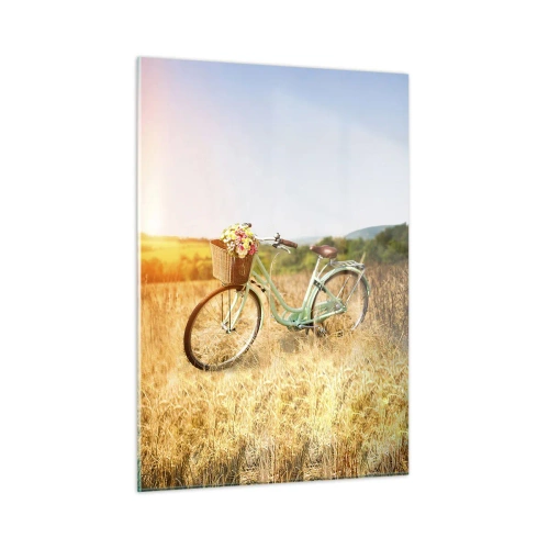 Cuadro sobre vidrio - Impresiones sobre Vidrio - Bicicleta retro con flores sobre un fondo natural. - 50x70cm - Me quedaré aquí un tiempo - Decoración de pared moderna para salón y dormitorio ARTTOR