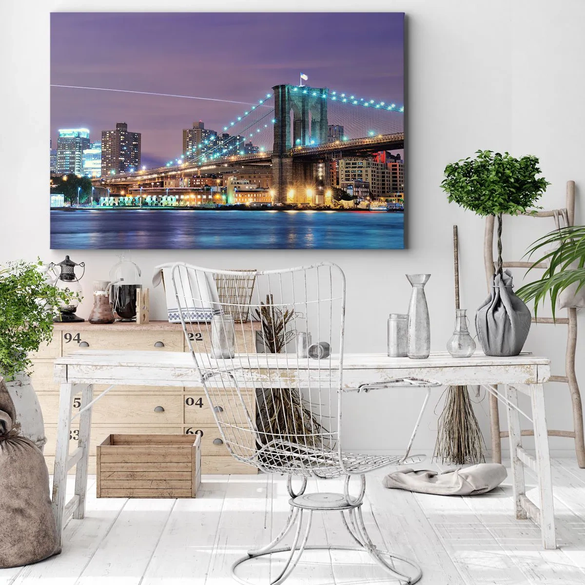 Cuadro sobre lienzo - Impresión de Imagen - Puente de Brooklyn de noche con la ciudad iluminada al fondo - 100x70cm - Durante muchos años, el puente de Brooklyn - Decoración de pared moderna para salón y dormitorio ARTTOR