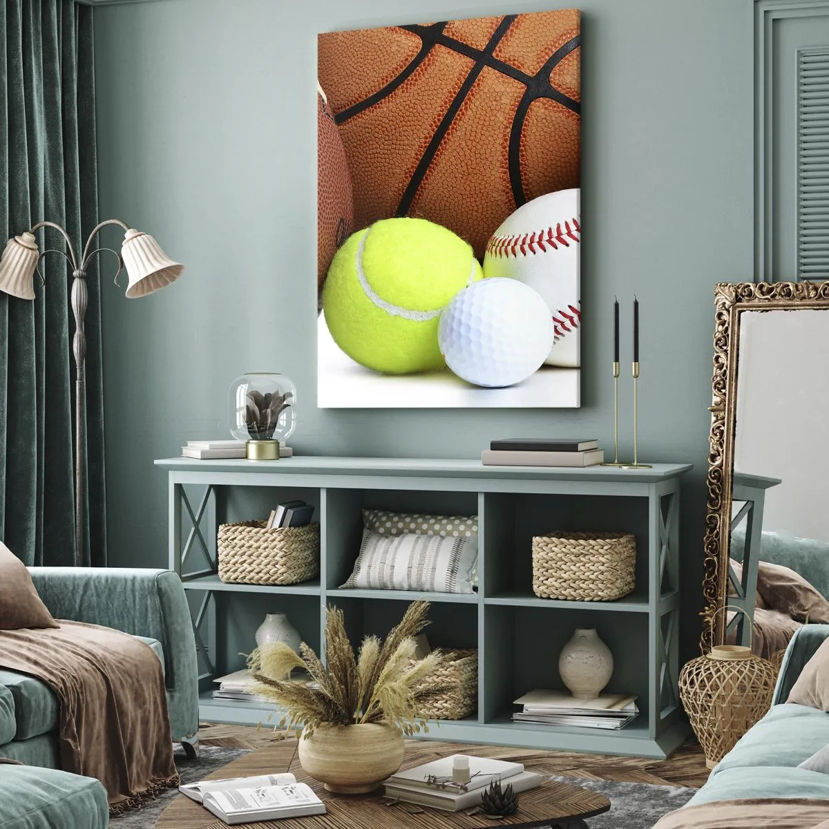 Cuadro sobre lienzo - Impresión de Imagen - Balones de diversas disciplinas deportivas - 50x70cm - Unidos por el deporte - Decoración de pared moderna para salón y dormitorio ARTTOR
