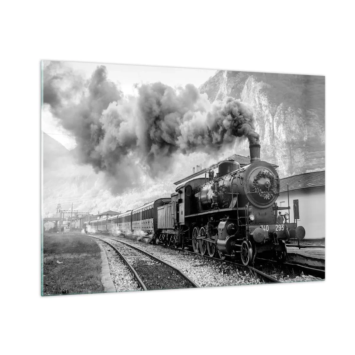 Cuadro sobre vidrio - Impresiones sobre Vidrio - Un antiguo tren de vapor en un paisaje montañoso. - 100x70cm - Rumbo a la estación... - Decoración de pared moderna para salón y dormitorio ARTTOR