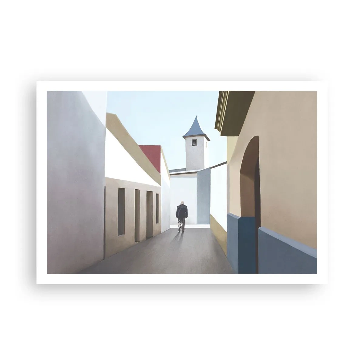 Póster - Una calle minimalista con la silueta de un hombre al fondo. - 100x70cm - Paseo soleado - Decoración de pared moderna para salón y dormitorio ARTTOR