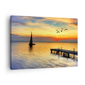 Cuadro sobre lienzo - Impresión de Imagen - Puesta de sol con un velero y un muelle en un lago tranquilo - 70x50cm - Regresos nocturnos - Decoración de pared moderna para salón y dormitorio ARTTOR