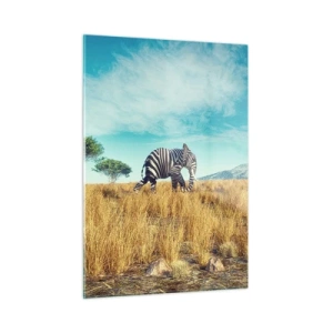Cuadro sobre vidrio - Impresiones sobre Vidrio - Un elefante con rayas de cebra en la sabana bajo el cielo. - 50x70cm - El gris ya no está de moda - Decoración de pared moderna para salón y dormitorio ARTTOR