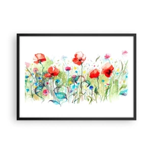 Póster en marco negro - Un prado con amapolas rojas y flores de colores en acuarela. - 70x50cm - Un prado en flor en mayo - Decoración de pared moderna para salón y dormitorio ARTTOR