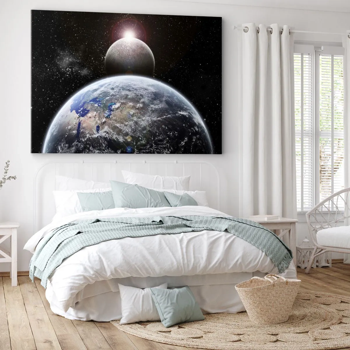 Cuadro sobre lienzo - Impresión de Imagen - El planeta Tierra y la Luna con el espacio exterior estrellado como telón de fondo. - 70x50cm - Paisaje cósmico - amanecer - Decoración de pared moderna para salón y dormitorio ARTTOR