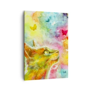 Cuadro sobre lienzo - Impresión de Imagen - Un gato rodeado de mariposas de colores. - 50x70cm - En el paraíso de los gatos - Decoración de pared moderna para salón y dormitorio ARTTOR