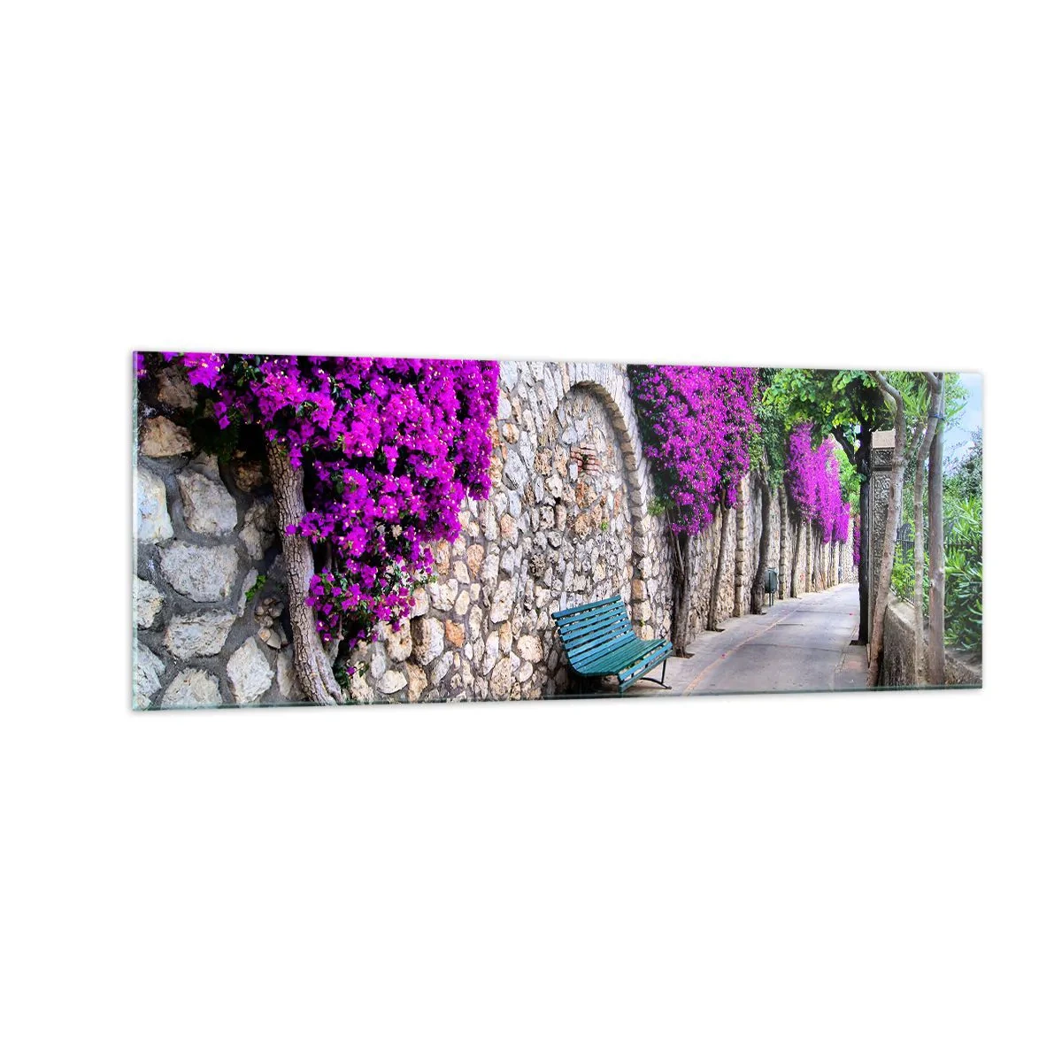 Cuadro sobre vidrio - Impresiones sobre Vidrio - Un camino de piedra con un banco y flores moradas en flor. - 140x50cm - Punto de reunión - Decoración de pared moderna para salón y dormitorio ARTTOR