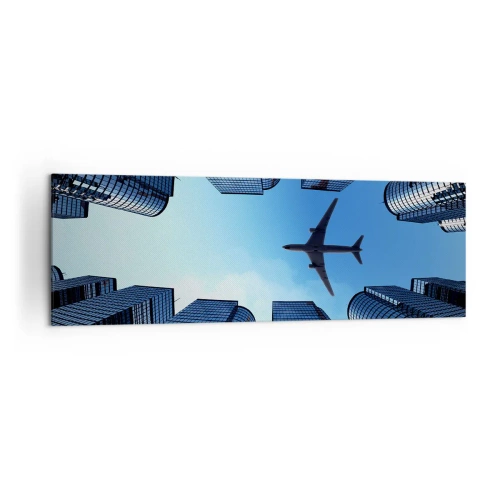 Cuadro sobre lienzo - Impresión de Imagen - Un avión volando sobre modernos rascacielos en el centro de la ciudad. - 160x50cm - La vista desde el abismo de cristal - Decoración de pared moderna para salón y dormitorio ARTTOR