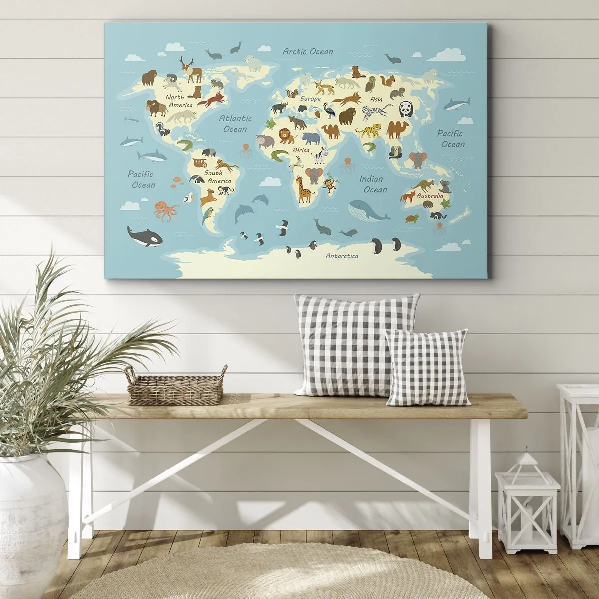 Cuadro sobre lienzo - Impresión de Imagen - Mapa del mundo con ilustraciones de animales - 100x70cm - Buenos vecinos - Decoración de pared moderna para salón y dormitorio ARTTOR