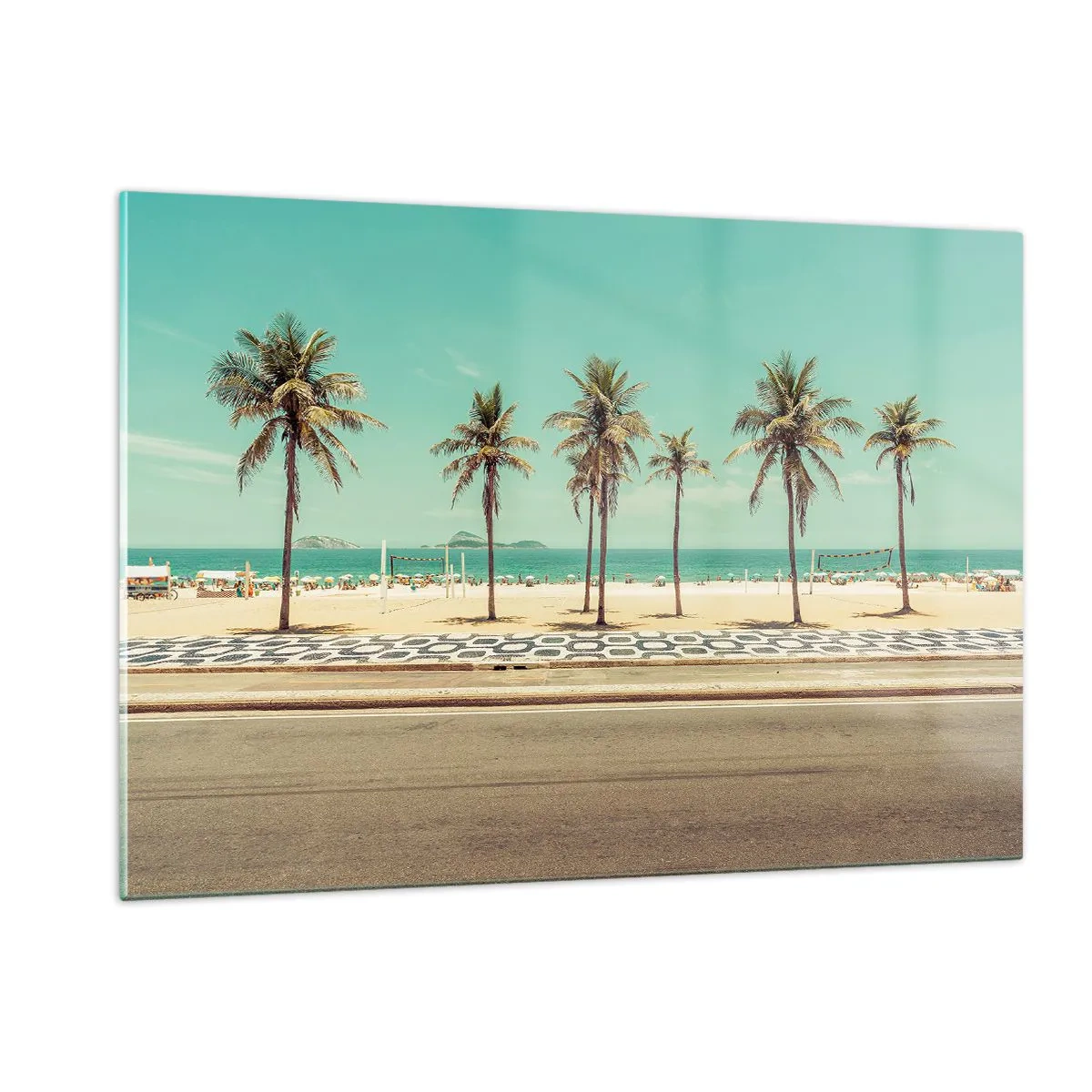 Cuadro sobre vidrio - Impresiones sobre Vidrio - Palmeras en el paseo marítimo con la playa y el océano al fondo - 120x80cm - En la playa - Decoración de pared moderna para salón y dormitorio ARTTOR