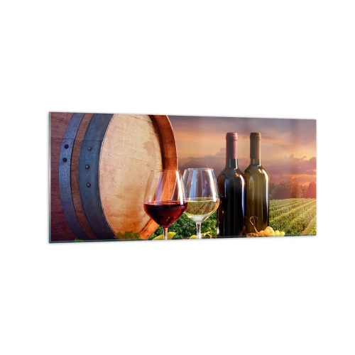 Cuadro sobre vidrio - Impresiones sobre Vidrio - Vino, copas y un barril en un paisaje pintoresco. - 120x50cm - Aquí la vida tiene un sabor - Decoración de pared moderna para salón y dormitorio ARTTOR