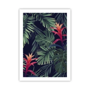 Póster - Hojas y flores tropicales sobre un fondo oscuro. - 50x70cm - Encender el color verde - Decoración de pared moderna para salón y dormitorio ARTTOR