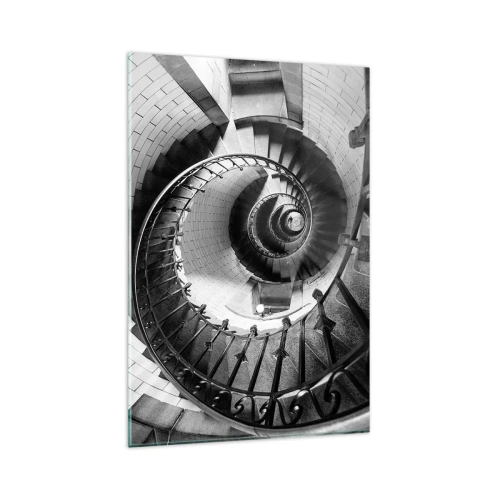 Cuadro sobre vidrio - Impresiones sobre Vidrio - Fotografía en blanco y negro de una escalera de caracol con perspectiva de arriba hacia abajo. - 80x120cm - Cada vez más alto - Decoración de pared moderna para salón y dormitorio ARTTOR
