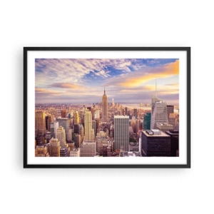 Póster en marco negro - Panorama de una ciudad moderna con rascacielos al atardecer - 70x50cm - Alcanzar las nubes - Decoración de pared moderna para salón y dormitorio ARTTOR