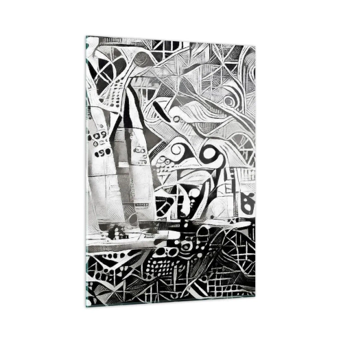 Cuadro sobre vidrio - Impresiones sobre Vidrio - Abstracción en blanco y negro con veleros y patrones geométricos. - 50x70cm - Entre las olas - Decoración de pared moderna para salón y dormitorio ARTTOR