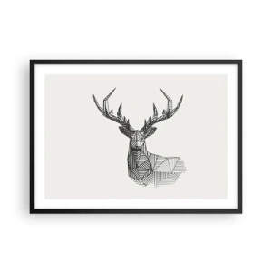 Póster en marco negro - Imagen geométrica de un ciervo en un estilo minimalista en blanco y negro. - 70x50cm - Ciervo en estilo cubista - Decoración de pared moderna para salón y dormitorio ARTTOR