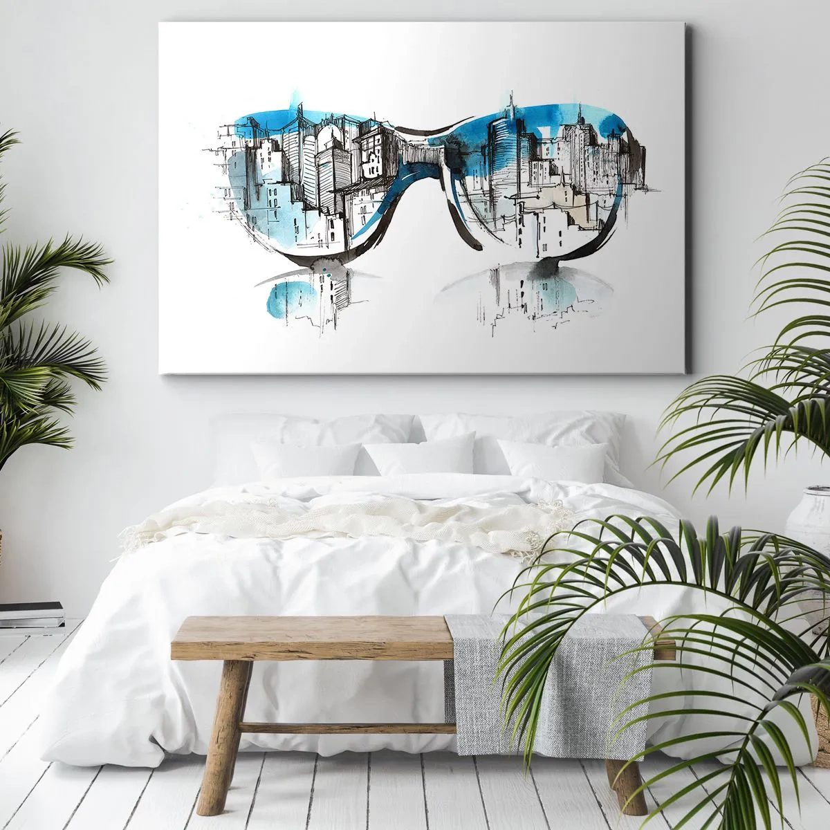 Cuadro sobre lienzo - Impresión de Imagen - Acuarela del panorama de la ciudad reflejado en las gafas. - 70x50cm - La elegancia de la gran ciudad - Decoración de pared moderna para salón y dormitorio ARTTOR