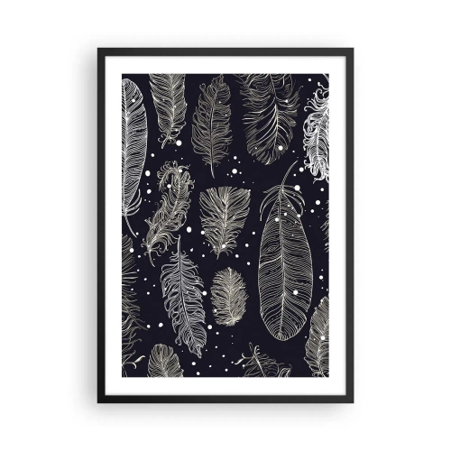 Póster en marco negro - Plumas blancas sobre un fondo negro en un elegante arreglo. - 50x70cm - Encaje de plumas - Decoración de pared moderna para salón y dormitorio ARTTOR