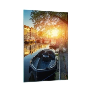 Cuadro sobre vidrio - Impresiones sobre Vidrio - Canal de Ámsterdam al atardecer - 80x120cm - Mañana en Ámsterdam - Decoración de pared moderna para salón y dormitorio ARTTOR