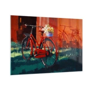 Cuadro sobre vidrio - Impresiones sobre Vidrio - Una bicicleta roja con flores delante de un edificio rojo. - 100x70cm - Quiero ir en bicicleta - Decoración de pared moderna para salón y dormitorio ARTTOR