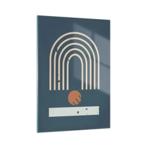 Cuadro sobre vidrio - Impresiones sobre Vidrio - Composición retro geométrica sobre un fondo oscuro. - 50x70cm - Geometría sobre azul marino - Decoración de pared moderna para salón y dormitorio ARTTOR