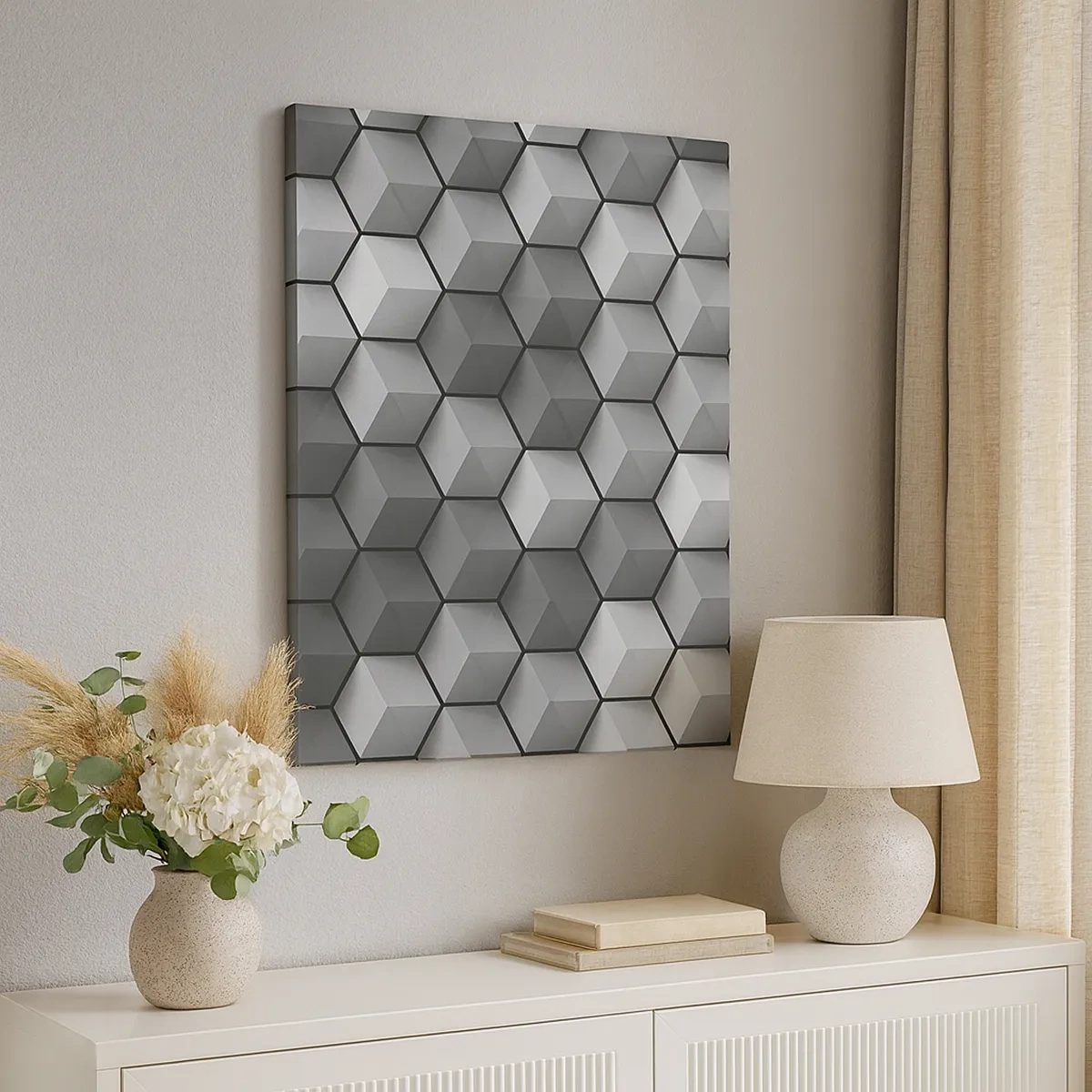 Cuadro sobre lienzo - Impresión de Imagen - Composición geométrica de cubos en tonos grises y negros. - 50x70cm - Rompecabezas cubista - Decoración de pared moderna para salón y dormitorio ARTTOR