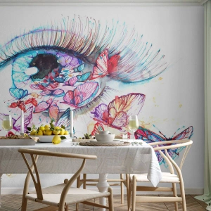 Fotomural Premium Sand - El encanto de los ojos de cuento de hadas - Ojo de mujer, Mariposa, Abstracción - 150x105 cm