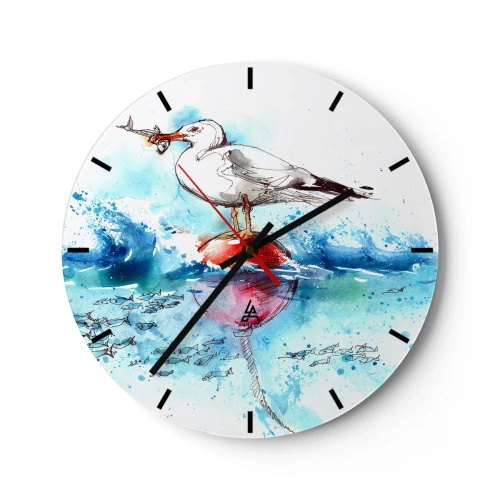 Reloj de pared - Reloj de vidrio - Una gaviota con un pez en una boya entre las olas, representada en estilo acuarela. - 30x30cm - Una captura exitosa - Decoración de pared moderna para salón, cocina y dormitorio ARTTOR