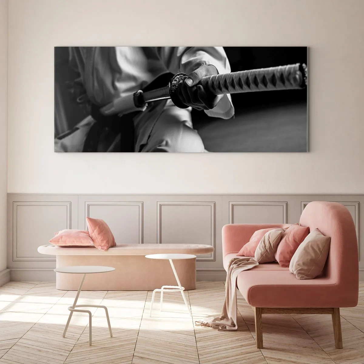 Cuadro sobre vidrio - Impresiones sobre Vidrio - Un samurái con kimono sosteniendo una katana en blanco y negro. - 140x50cm - Alma de guerrero - Decoración de pared moderna para salón y dormitorio ARTTOR