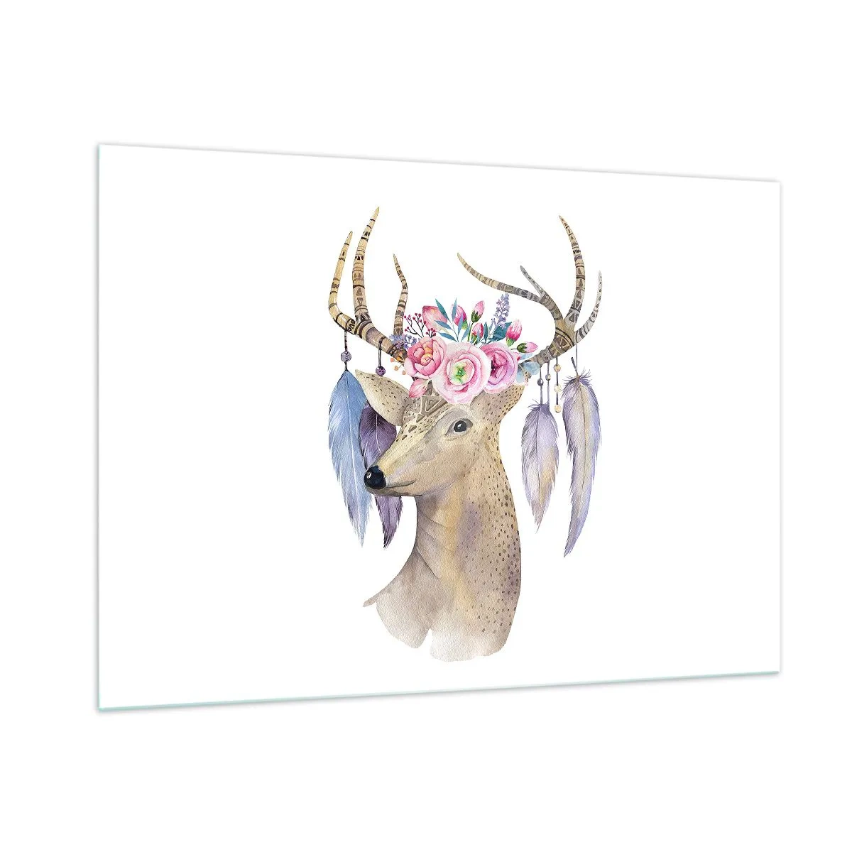 Cuadro sobre vidrio - Impresiones sobre Vidrio - Ciervo con corona de flores y plumas. - 100x70cm - Guía del alma - gentil, inocente - Decoración de pared moderna para salón y dormitorio ARTTOR