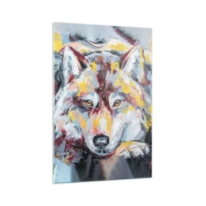 Cuadro sobre vidrio - Impresiones sobre Vidrio - Retrato artístico de un lobo en colores intensos. - 70x100cm - Pinceladas de lobo - Decoración de pared moderna para salón y dormitorio ARTTOR
