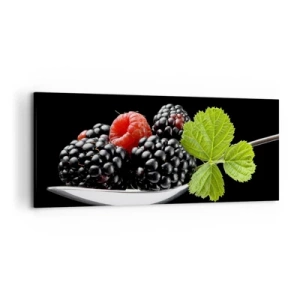 Cuadro sobre lienzo - Impresión de Imagen - Moras y frambuesas en una cuchara con una hoja sobre un fondo negro. - 120x50cm - El sabor de la frescura - Decoración de pared moderna para salón y dormitorio ARTTOR