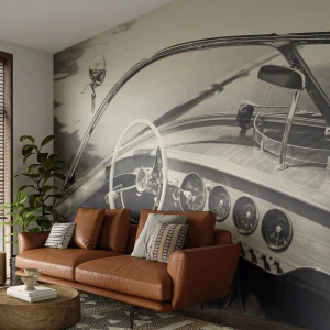 Fotomural Premium Canvas - Interior de coche clásico en estilo monocromático. - 100x70cm - Tiempo para los ricos - Decoración de pared moderna para salón y dormitorio ARTTOR